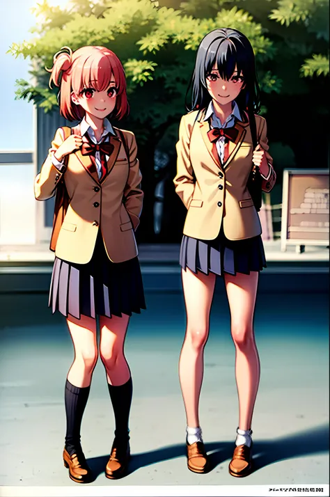 (YuigahamaYui:1.5),(Orlegelu uniform:1.5),tmasterpiece,best qualtiy,absurderes,1girll,looking at viewert,standing on your feet,The upper part of the body,parks,Swing chair,Very sad,Smile