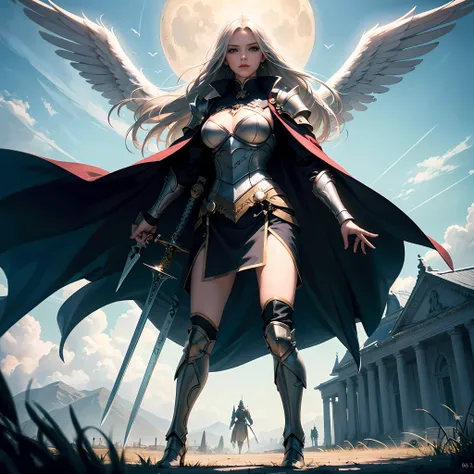 8k, ultra detailed, masterpiece, best quality, (extremely detailed), arafed, dnd art, panoramic view, full body, aasimar, female, (Masterpiece 1.3, intense details), female, paladin, holy warrior fighting vampire (Masterpiece 1.3, intense details) large an...