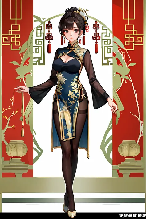 (masterpiece, best quality), 1girl, solo, full body, standing, pantyhose, (china dress, breast curtains:1.2),