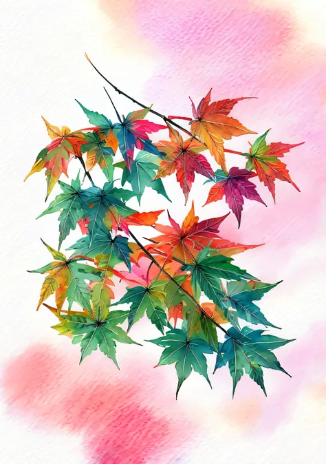 maple red leaves，watercolor brush strokes are required