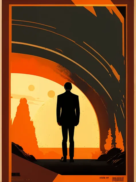 a poster of a man standing in front of a tunnel with a sunset in the background by Olly Moss