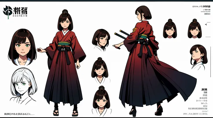 (masterpiece), best quality, (character design sheet, same character, full body, side, back), illustration, (beautiful detailed hair detailed face), 1 girl, solo, perfect feminine face, very stunning woman, pose zitai, detailed design character, chesnut br...