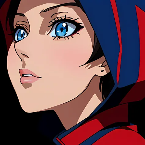close up portrait of middled age woman with a hood on & with giant eyes & tiny nose & closed giant lips!!!, she is looking at the camera & her expression is solemn, colorfull anime portait, colorfull anime profile, solemn expression, mysterious portrait of...