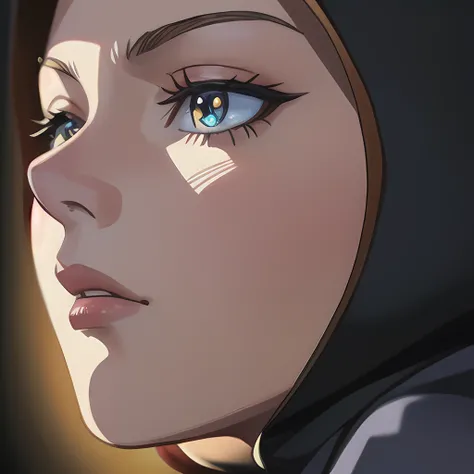 close up portrait of middled age woman with a hood on & with giant eyes & little nose & closed big mouth!!!, she is looking at the camera & her expression is solemn, colorfull anime portait, colorfull anime profile, solemn expression, mysterious portrait o...