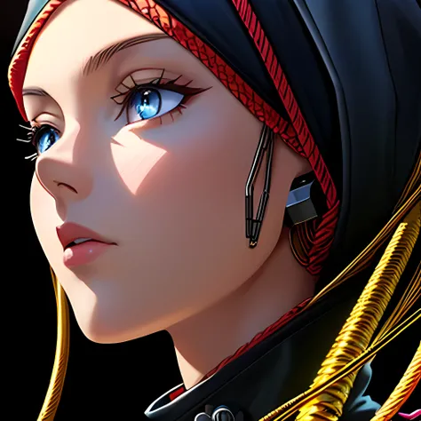 middled age woman with a hood on & with giant eyes!!!, & her expression is solemn, colorfull anime portait, colorfull anime profile, solemn expression, mysterious portrait of a woman, inspired by Naruto anime series, myself, mysterious portrait, mysterious...