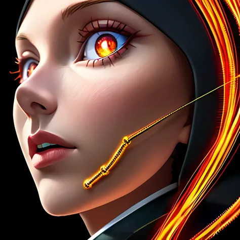 middled age woman with a hood on & with giant eyes!!!, & her expression is solemn, colorfull anime portait, colorfull anime profile, solemn expression, mysterious portrait of a woman, inspired by Naruto anime series, myself, mysterious portrait, mysterious...