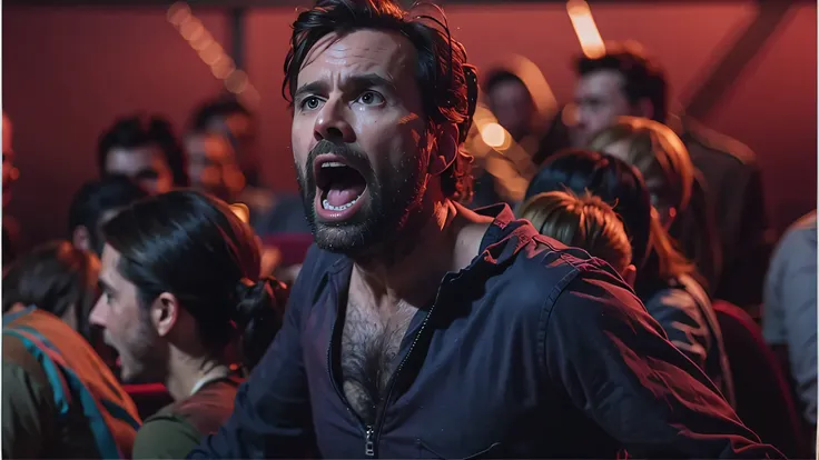 a man with a beard and shirt is screaming, 8 k filme ainda, filme logan fotorrealista ainda, filme ainda 8k, award winning cinem...