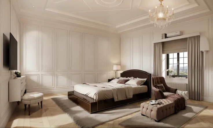 ((indoor neo classical bedroom scene.)), morden bedroom (about bedroom:1.3), (realistic), (masterpiece), super-detailed, ultra-r...