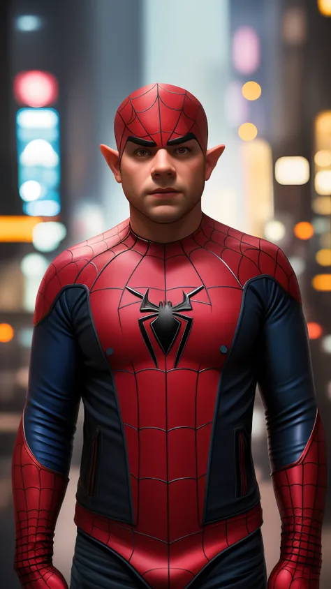(Fearful:1.3) photo of a realistic spiderman dwarf, man, close up, pointy ears, action pose, leather jacket, t-shirt, denim pants, cyberpunk, night club, bar, indoors, neon lights, looking into the camera,intricate details, detailed, hdr,