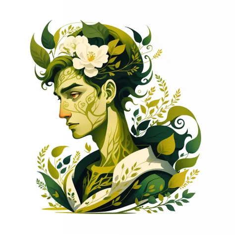 (illustration:1.3) greenman male design,  isolated on empty pure white background(3)(by artist anna dittman:1), (((masterpiece))...