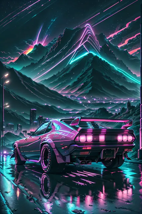 retrowave. city, 1969 nissan s30, wide body kit, road,  purple neon lights, sun, mountain, 
(masterpiece,detailed,highres),