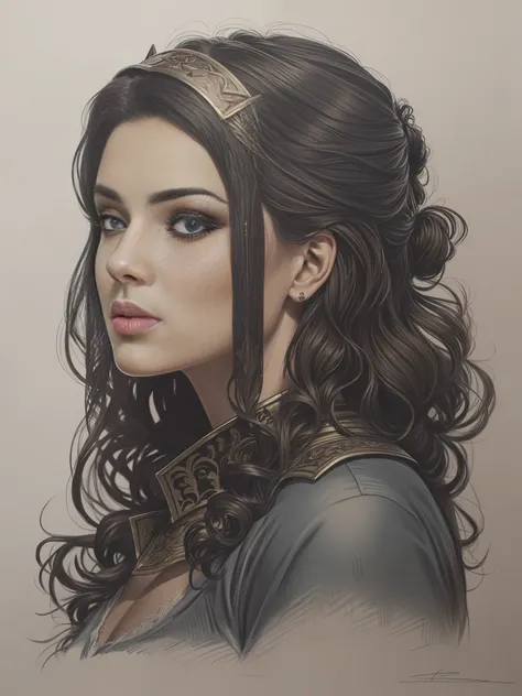 uma mulher guerreira nordica em estilo realista, touch in pencil, pintado delicadamente por um artista experiente.