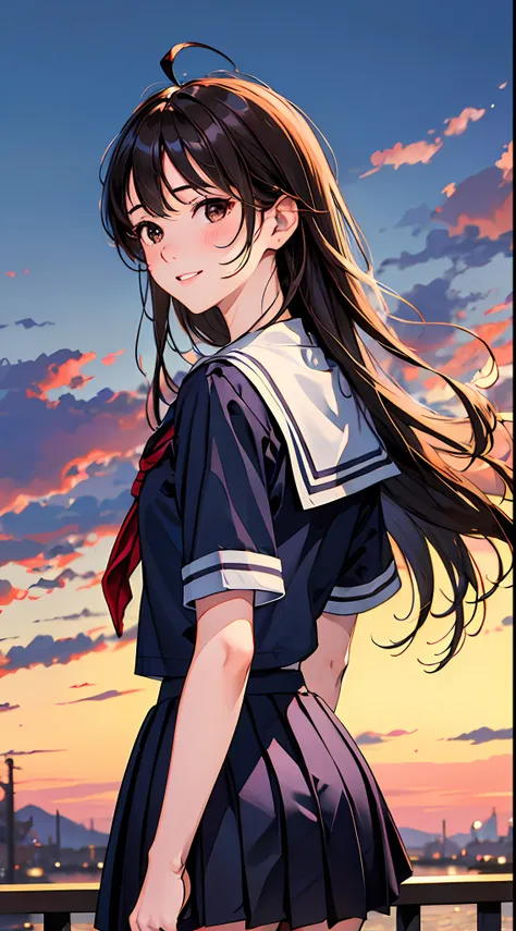 (masterpiece, best quality, extremely detailed, absurdres, absolutely resolution, 4K, 8K, realistic:1.2) 1girl, solo, ushio, black hair, long hair, ahoge, brown eyes, school uniform, serafuku, short sleeves, pleated skirt, smile, parted lips, from behind,...