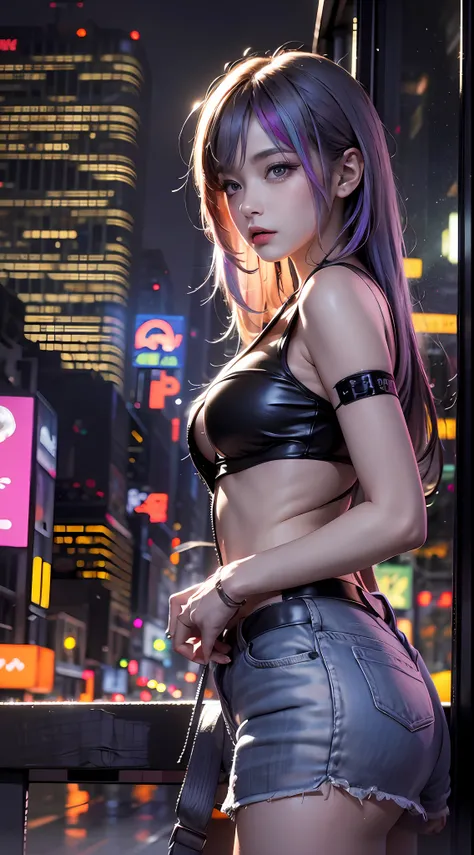 (masterpiece, high quality, highres,illustration), 1girl, galaxy multicolored hair in New york city at night with orange fog, cybercity,