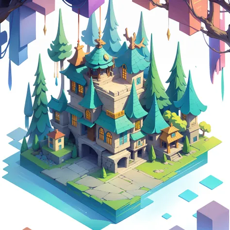 isometric architecture，white background，the theme of the forest，cartoonish style，angle of depression，white background，isometry，g...