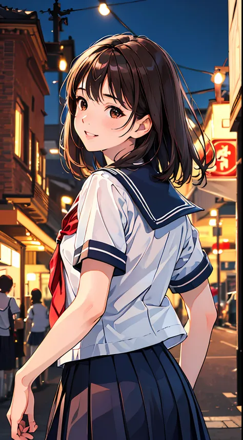 (masterpiece, best quality, extremely detailed, absurdres, absolutely resolution, 4K, 8K, realistic:1.2) 1girl, solo, ushio, brown hair, short layered hair, brown eyes, school uniform, serafuku, short sleeves, pleated skirt, smile, parted lips, from behind...
