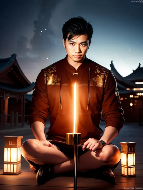 （best qualtiy，tmasterpiece），（ultra-detailed colors），a handsome 35-year-old chinese astrologer meditates around the first house o...