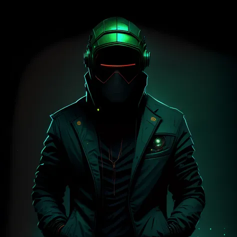 there is a man wearing a green helmet and a black jacket, cyberpunk rua goon, olhos brilhantes no capacete, roupas futuristas e ...