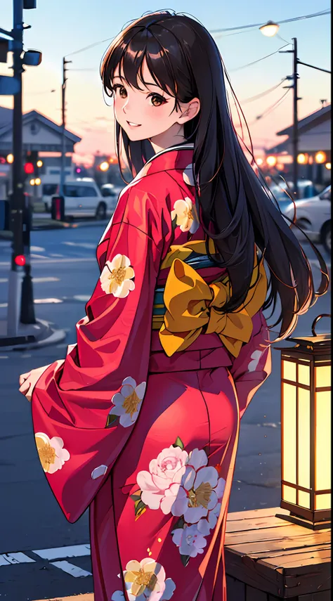 (masterpiece, best quality, extremely detailed, absurdres, absolutely resolution, 4K, 8K, realistic:1.2) 1girl, solo, ushio, black hair, long hair, brown eyes, kimono, pink theme kimono, smile, parted lips, from behind, looking back, blush, standing, cinem...