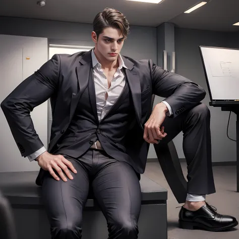 1 boy ，dressed in a suit，trousers，leather shoes，huge muscle，tiese，full-body portraits，sitting in office，tmasterpiece，the best pi...