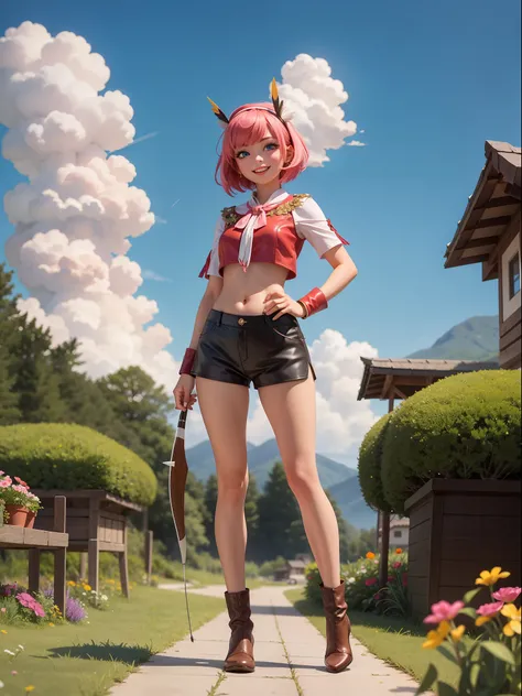 ((full body, standing):1.5), {((1 woman))}, {((wearing brown leather indian clothes, extremely tight and short in the body, short leather shorts and short velvet)), ((big breasts)), ((short pink hair, mohawk, sparkling blue eyes, wearing small feathered he...