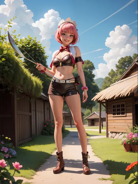 ((full body, standing):1.5), {((1 woman))}, {((wearing brown leather indian clothes, extremely tight and short in the body, short leather shorts and short velvet)), ((big breasts)), ((short pink hair, mohawk, sparkling blue eyes, wearing small feathered he...