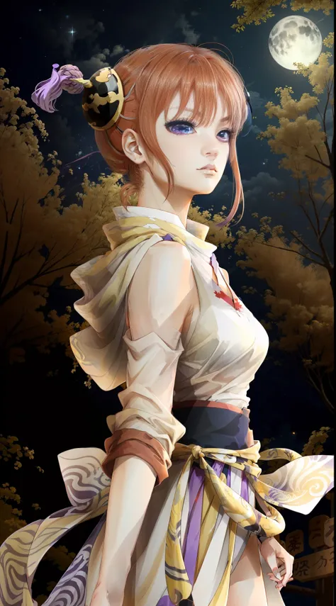 1girl, kagura from gintama, red hair,long hair,(purple eyes:1.2), sideboob, expresionless,serious face,walking,from side,upper body,background crowd,city street, outdoors,night,starts,sexy body,short pants, thong con waist,masterpiece,extremely detailed CG...