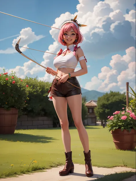 ((full body, standing):1.5), {((1 woman))}, {((wearing brown leather indian clothes, extremely tight and short in the body, short leather shorts and short velvet)), ((big breasts):1.5), ((short pink hair, mohawk, sparkling blue eyes, wearing small feathere...