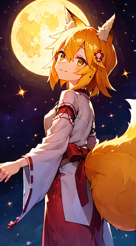 ultra-detailed starry night scene, extremely focused image, (detailed light: 1.05), a fox girl with orange hair, small stature, ...