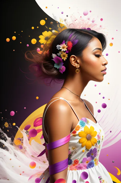 beautiful ebony woman wearing a floral white dress, floral flying around, rainbow purple highlights, background of assorted flor...