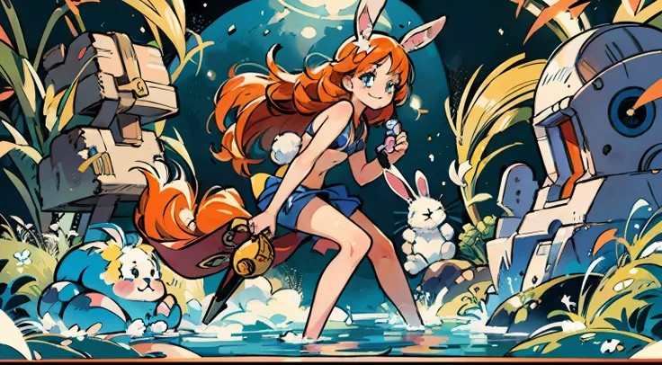 (master piece, high quality, 8k) rabbit woman (solo) with blue and yellow eyes, in a blue bathing suit, long orange hair, messy ...