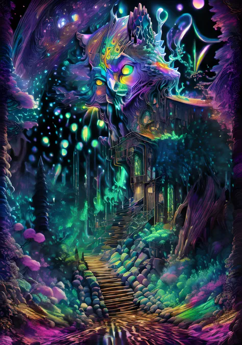 masterpiece, beautiful psychedelic entropy,best surreal masterpiece, top quality, best quality, official art, beautiful and aesthetic:1.2) , green skin godess and god standing on top of a mountain top holding eachother ,whole body and legs,below are a egup...