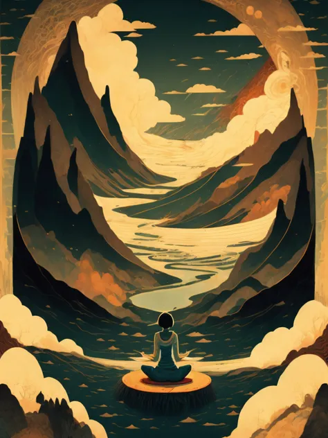 a painting of a woman meditating in front of a mountain with a river running through it by victo ngai, minimalist, simple scenar...