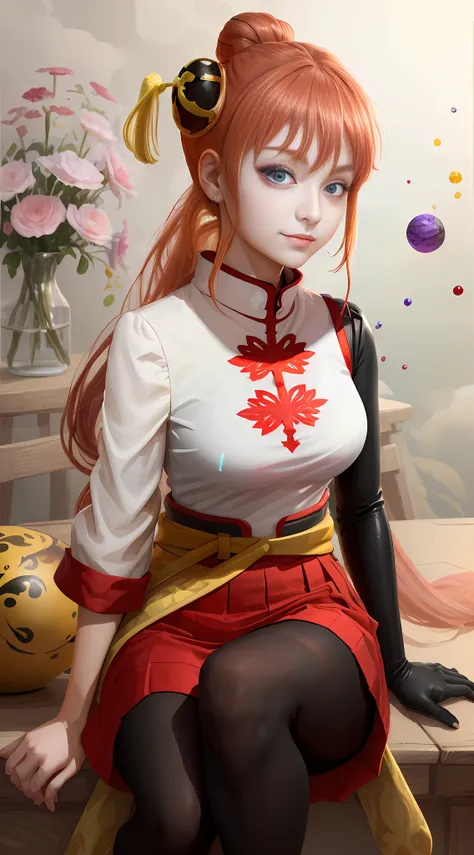 (masterpiece, best quality, beautiful, aesthetic, perfect, intricate, delicate, ultra detailed:1.2), vivid colors, colorful, bloom, kagura from gintama, happy, smile, looking at viewer, 1girl, solo, purple eyes, long hair, white earrings, red hairband, sta...