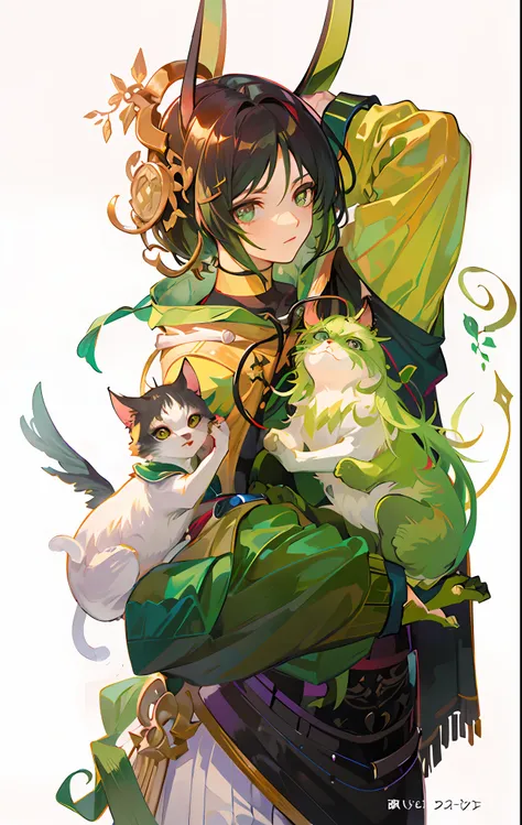 Anime character with horns and green dress holding a cat, handsome guy in demon killer art, demon slayer rui fanart, inspirado em Okumura Masanobu, Beautiful androgynous prince, green colored skin!!, with a green cloak, fus rei, made with anime painter stu...