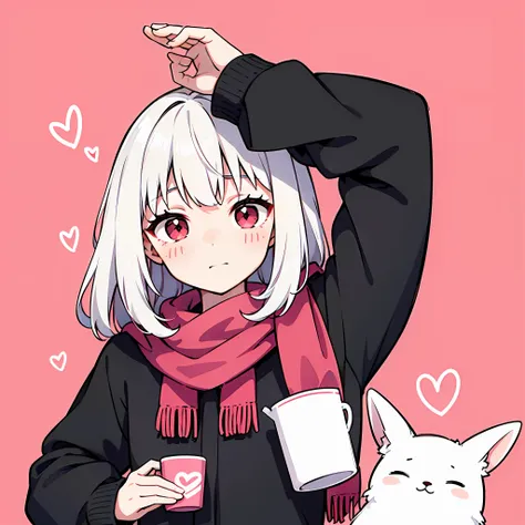 image of a young girl with long white hair and red eyes. she is wearing a pink scarf and holding a white cup with a red heart on...