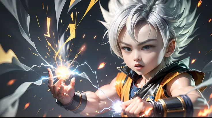 Masterpiece), (Extreme Quality), (Ultra Detailed), (delicate face), (detailed eyes), Full Body, 1 boy, (9 year old goku in super saiyan with white hair from Akira Toriyamas Dragon Ball manga: 1.7), solo, Chibi, Cute, perfect hands, (glowing metal objects h...