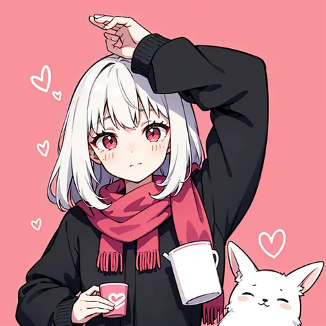 image of a young girl with long white hair and red eyes. she is wearing a pink scarf and holding a white cup with a red heart on...