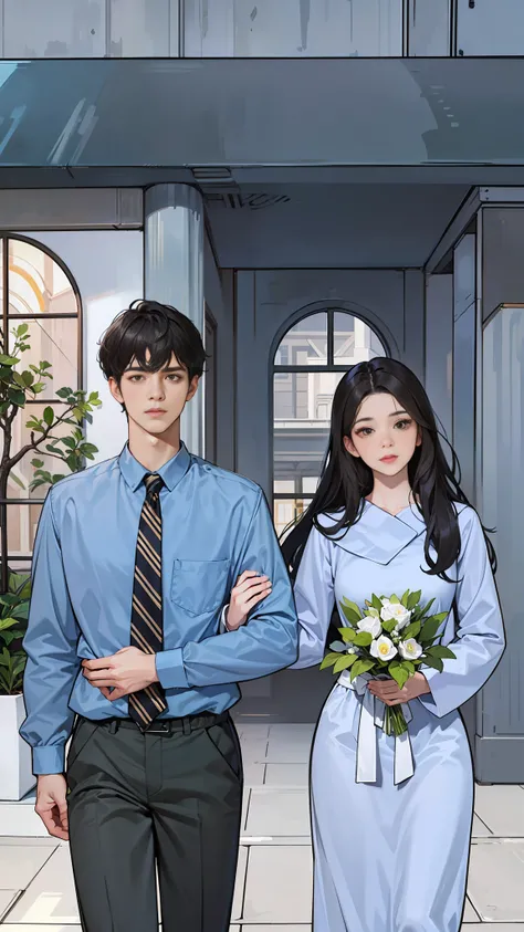 Shown is a man and a woman, with height difference, handsome, 20 years old, white shirt, black pants, back head, handsome, high appearance, high nose bridge, big eyes, double eyelids, mixed race, tall, black hair, brown eyes, symmetrical eyes, looking at t...