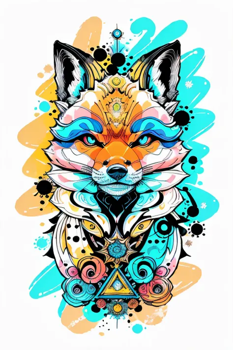 in the style of 0mib, adorable japanese fox, prismatic shards, reflecting fractal circles, ink spatter, melting brush strokes, p...