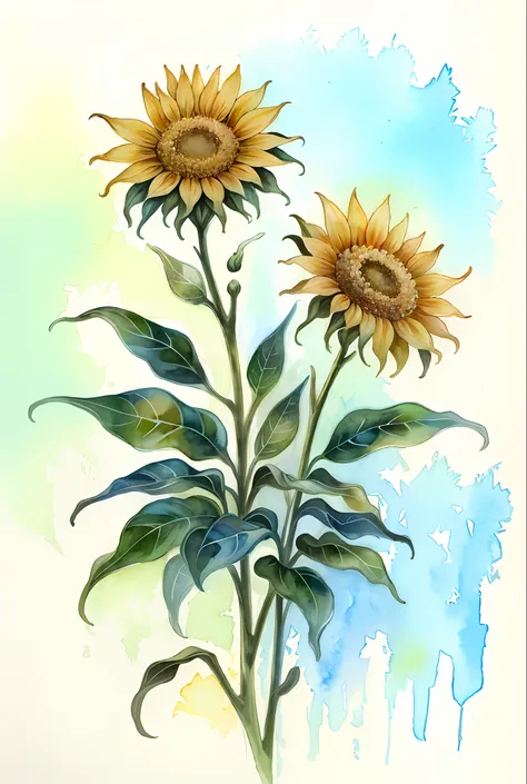 ( acuarela \(medio\), dibujo, hermoso girasol.