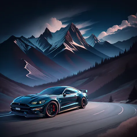 (Natural mountain landscape,Scenic style)Arafed Mustang cruising on mountain roads,Surrounded by mountains,The luster of the body reflects the blue sky and white clouds,The ambient light and shadow are layered,(car:1.3+Porsche Taycan Turbo S:1.1+silver car...
