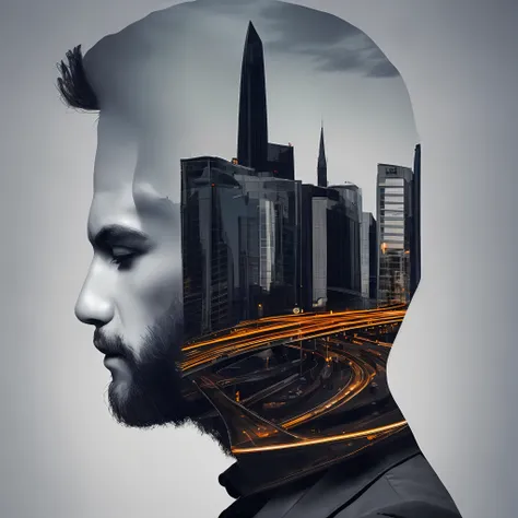 dblxp profile of a man made out of a city, grey background, photo