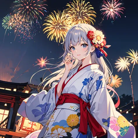 There is a woman wearing a yukata, Watch a spectacular fireworks display. Fireworks are huge and、Symbolizes the summer nights of the Japans traditional festivals. (((Woman impressed while staring at fireworks))). (Illustrations are of high quality).((Trans...