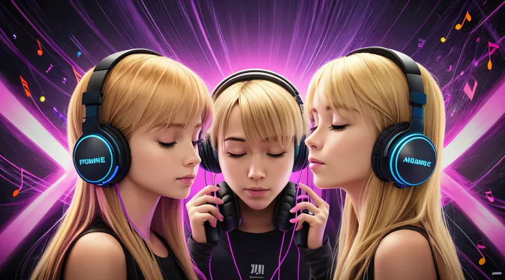 Blond-haired triplets,Headphones with lightning in the background, listening to music at 2 am, com fones de ouvido, vibing to music, trance music, DJ, Listening to music, Audiophile, com fones de ouvido, music album art, Fones de ouvido DJ Rave, ELECTRONIC...