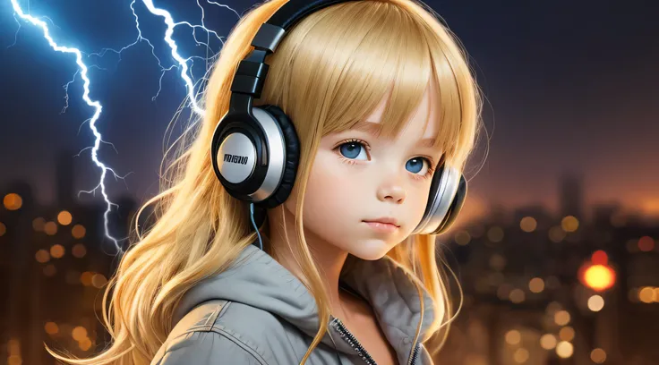 BLONDE KIDS GIRL, Headphones with lightning in the background,