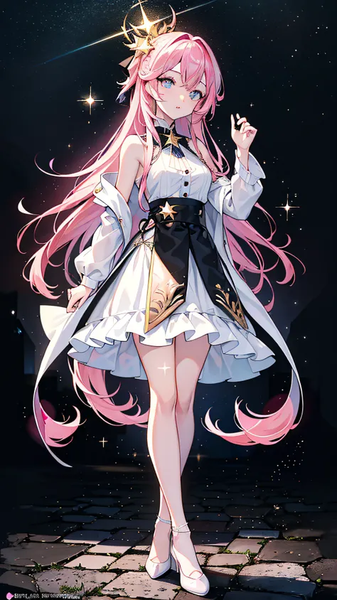 (((Masterpiece))), (best qualighy, best resolution:1.2), beautiful anatomy, perfect body, very delicate, super gorgeous hair, very beautiful hair, high ponytail, pink hair ornament, multicolored hair, absurderes, glowing eyes:1.2, pink impossible dress:1.1...