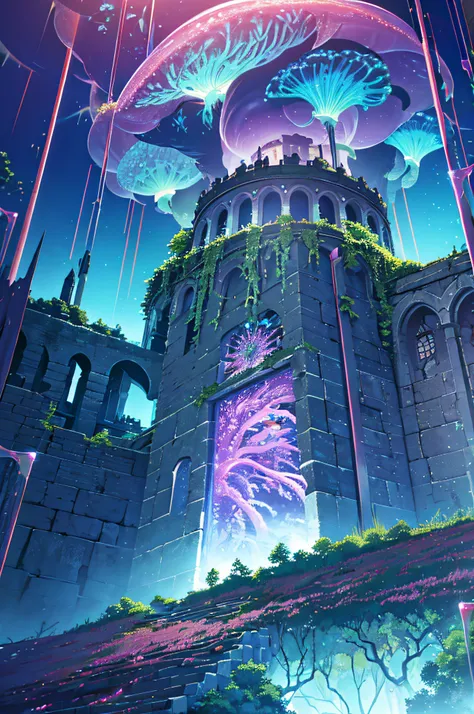 Masterpiece, High Quality, Ocean Forest, City, Fantastic Fantasy, Glowing Plants, Coral Viaduct, (Swarm of Glowing Jellyfish), (Shoal of Fish with Transparent Wings Flying in the Sky), Misty, Extreme Detail, Morning Light, Epic Composition, (Intricate Deta...