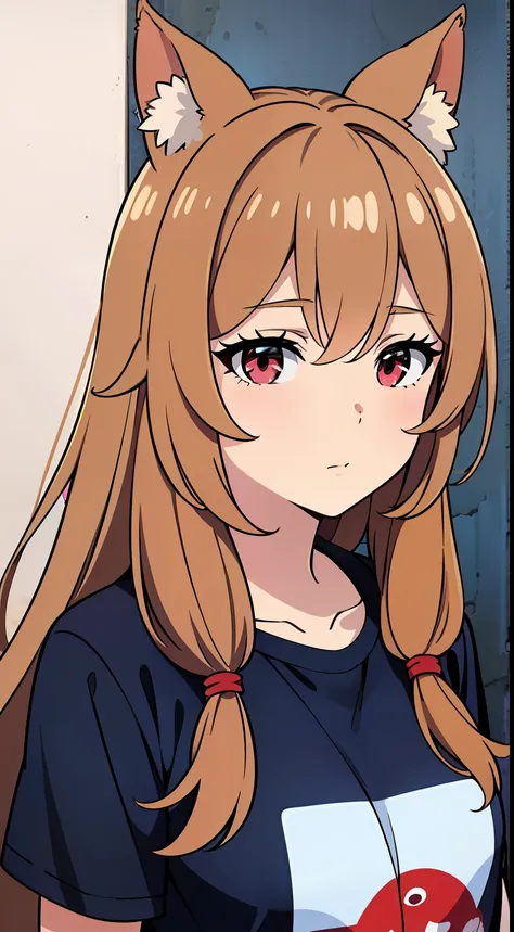 raphtalia, brown-haired, ojos rojos, orejas de animal, camiseta totalmente blanca, senos medianos, falda azul, americano_tiroteo...