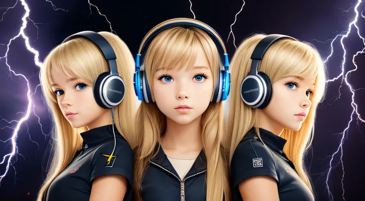 Blond-haired triplets,Headphones with lightning in the background,